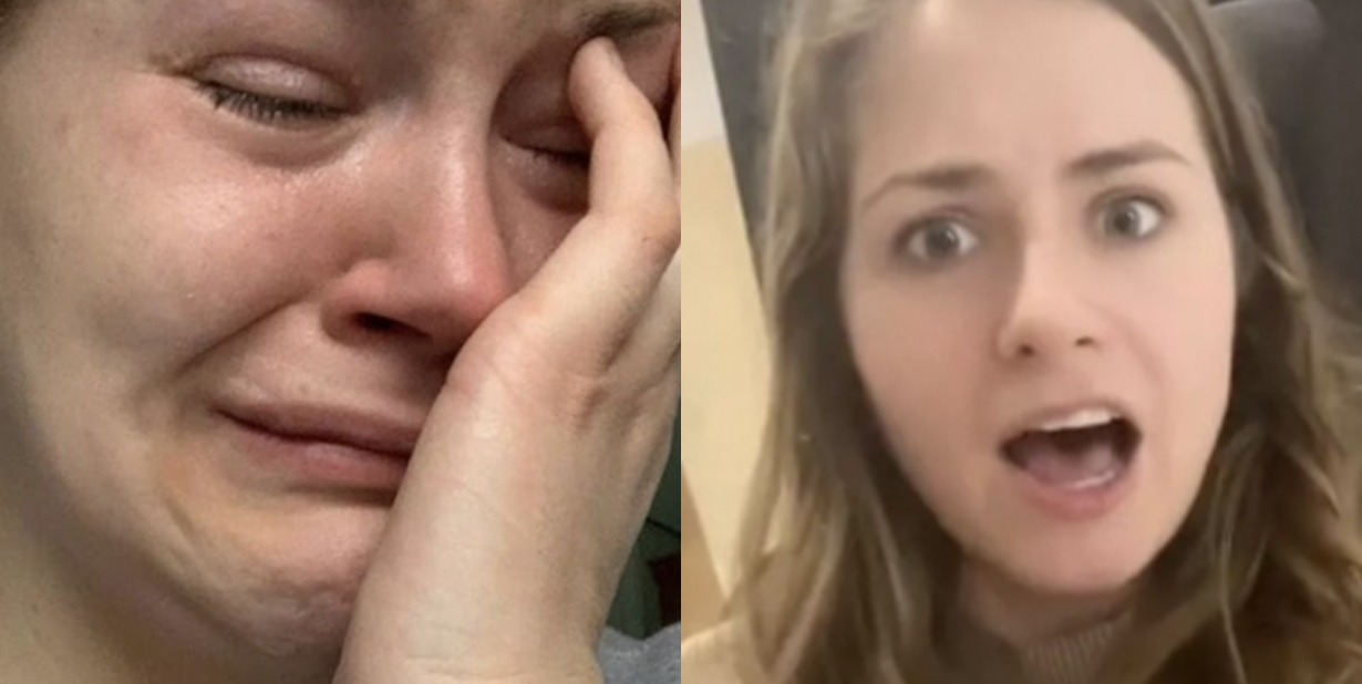 Sad man and shocked woman split image