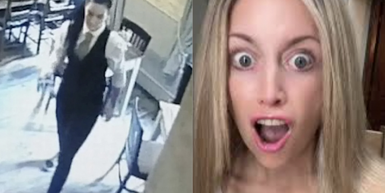 Waitress on camera and shocked woman split image