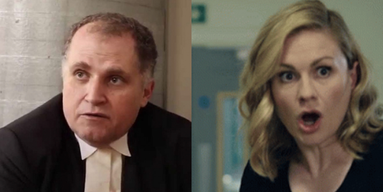 Lawyer and shocked woman split image