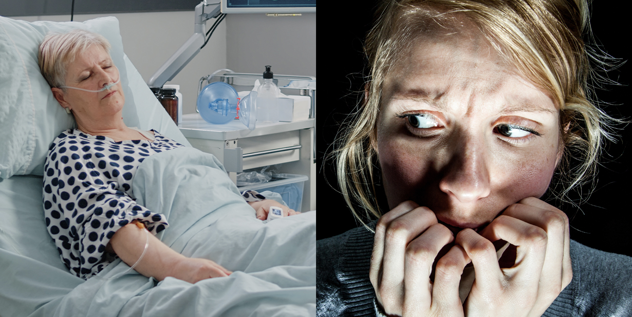 Hospital patient and scared woman split image
