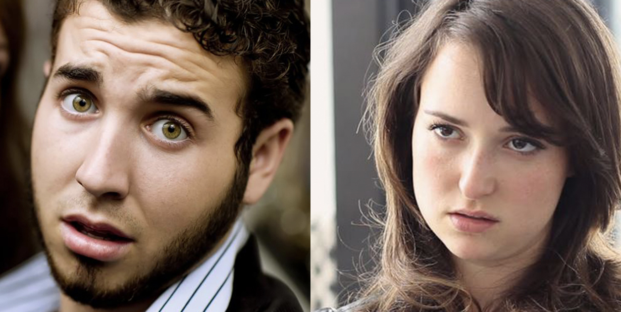 Worried man and resting b face woman split image