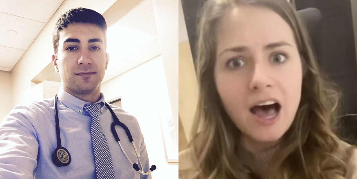 Doctor and shocked woman split image