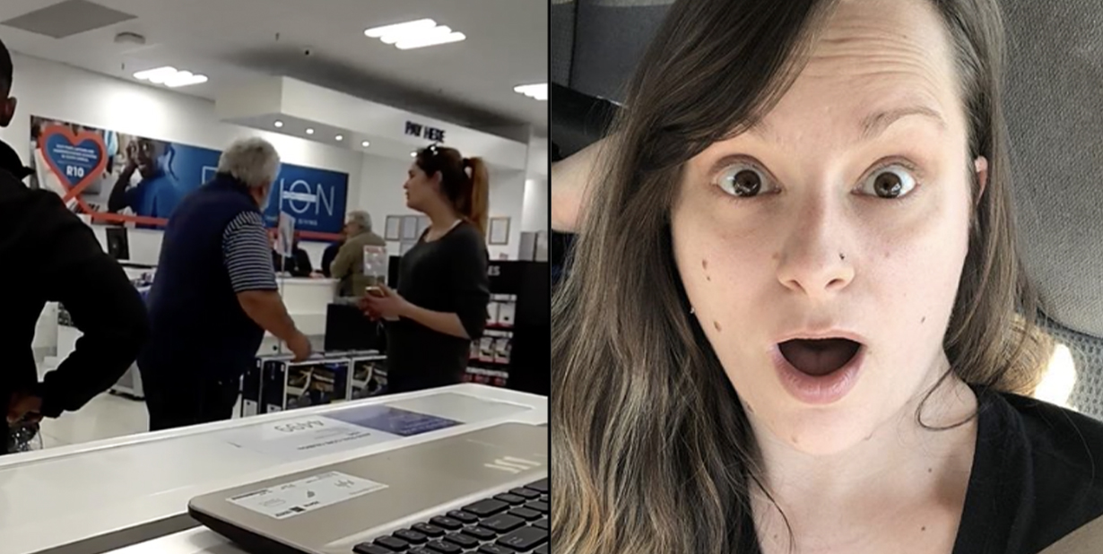 Laptop store and shocked woman split image