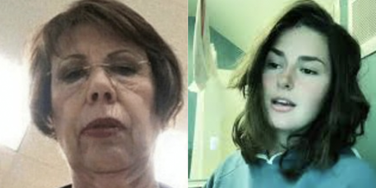 Older angry woman and young woman split image