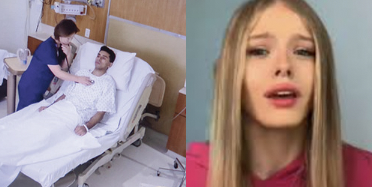 Hospital bed and dumb blonde split image