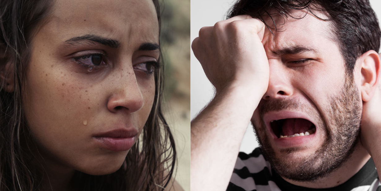 Sad woman and distraught man split image