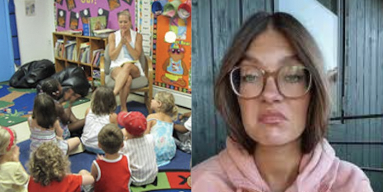 Teacher in class and unimpressed woman split image