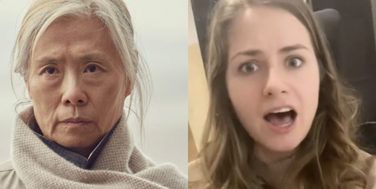 Old woman and shocked woman split image