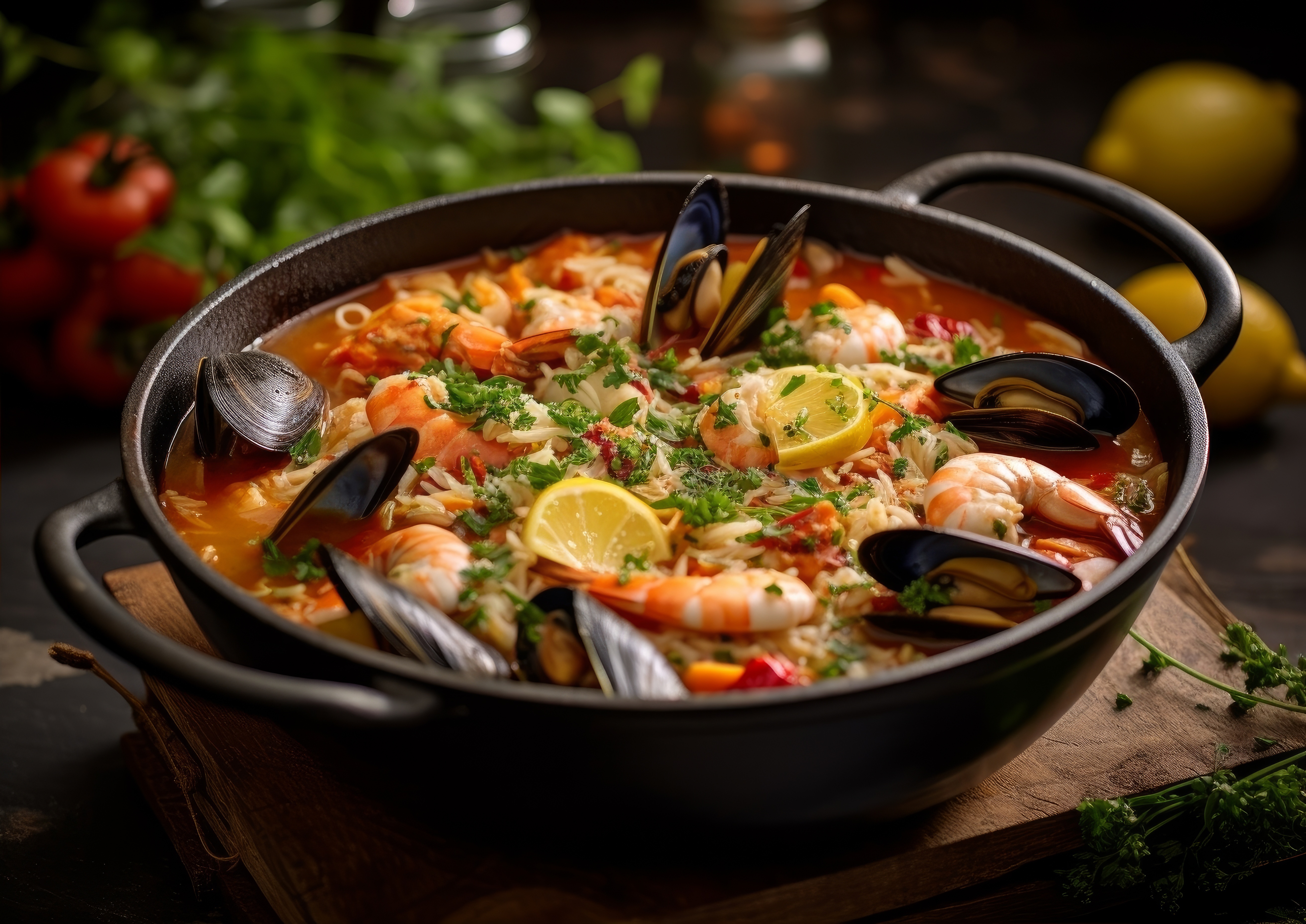Seafood cooked in a cast iron pan