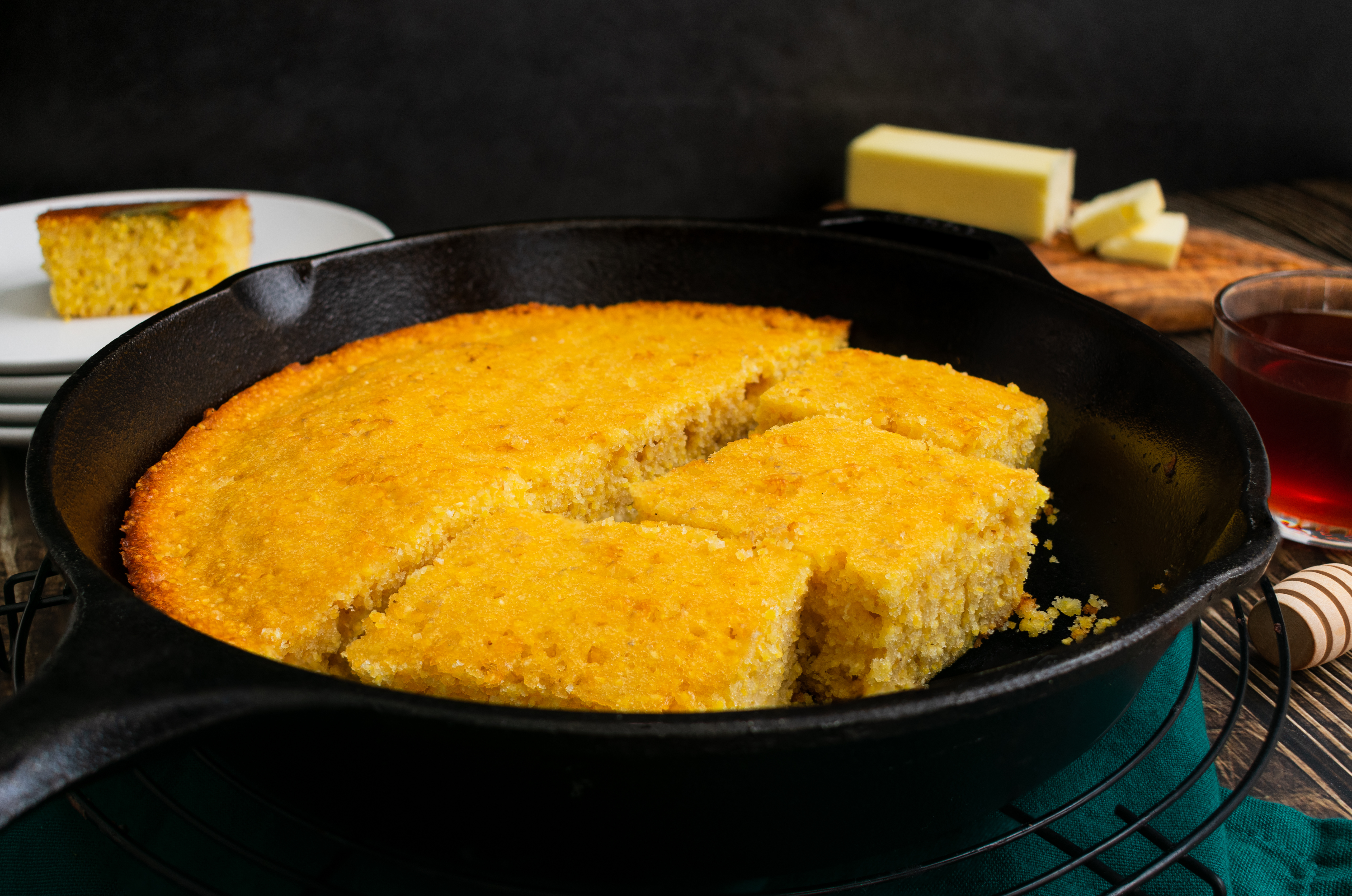 Cornbread baked in a cast iron pan