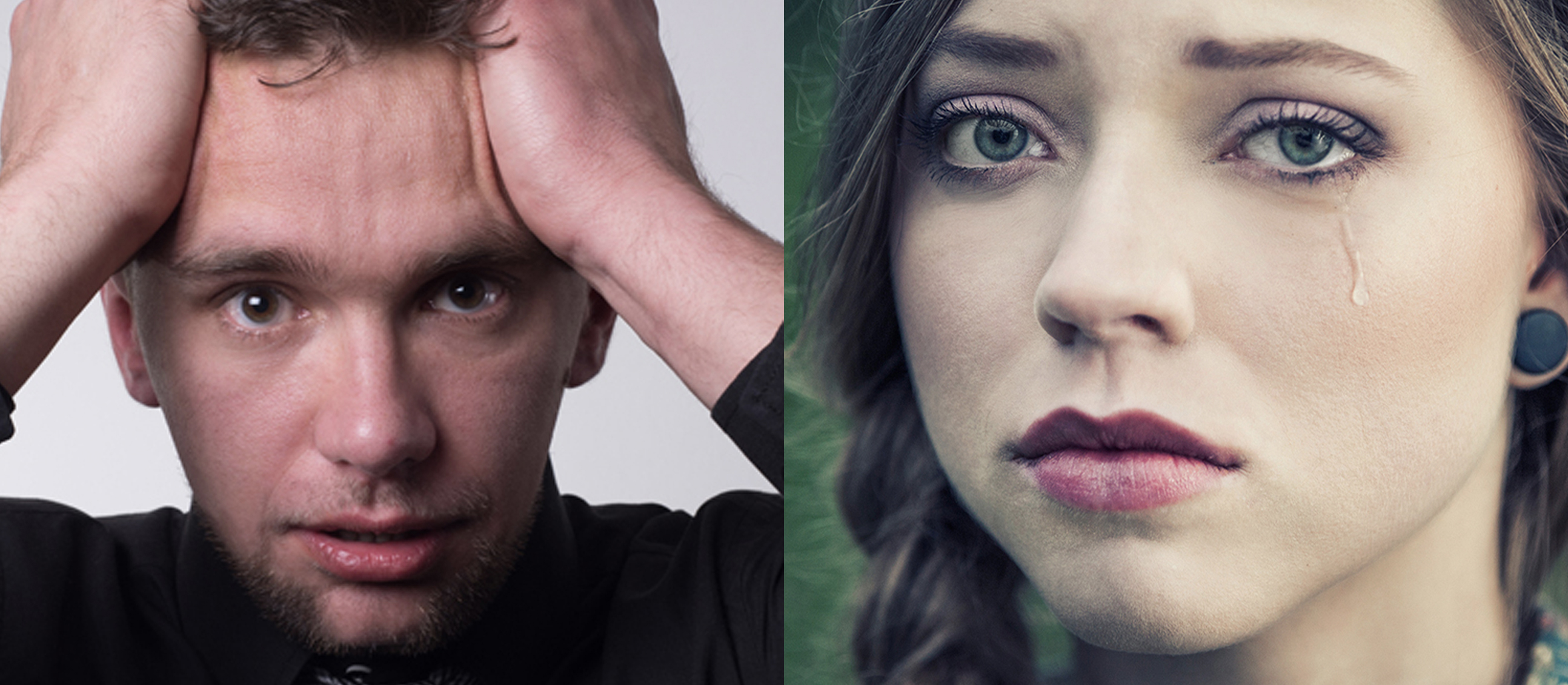 Split image - confused man and sad girl