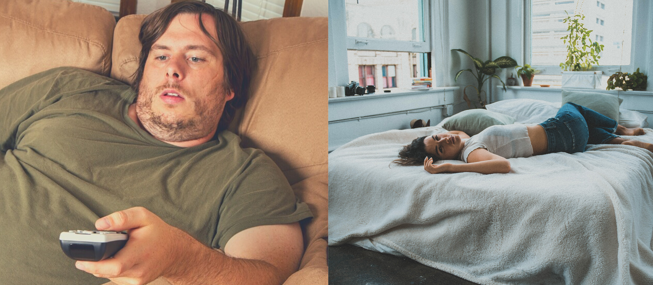 Split image of a man watching tv and a woman laying on a bed