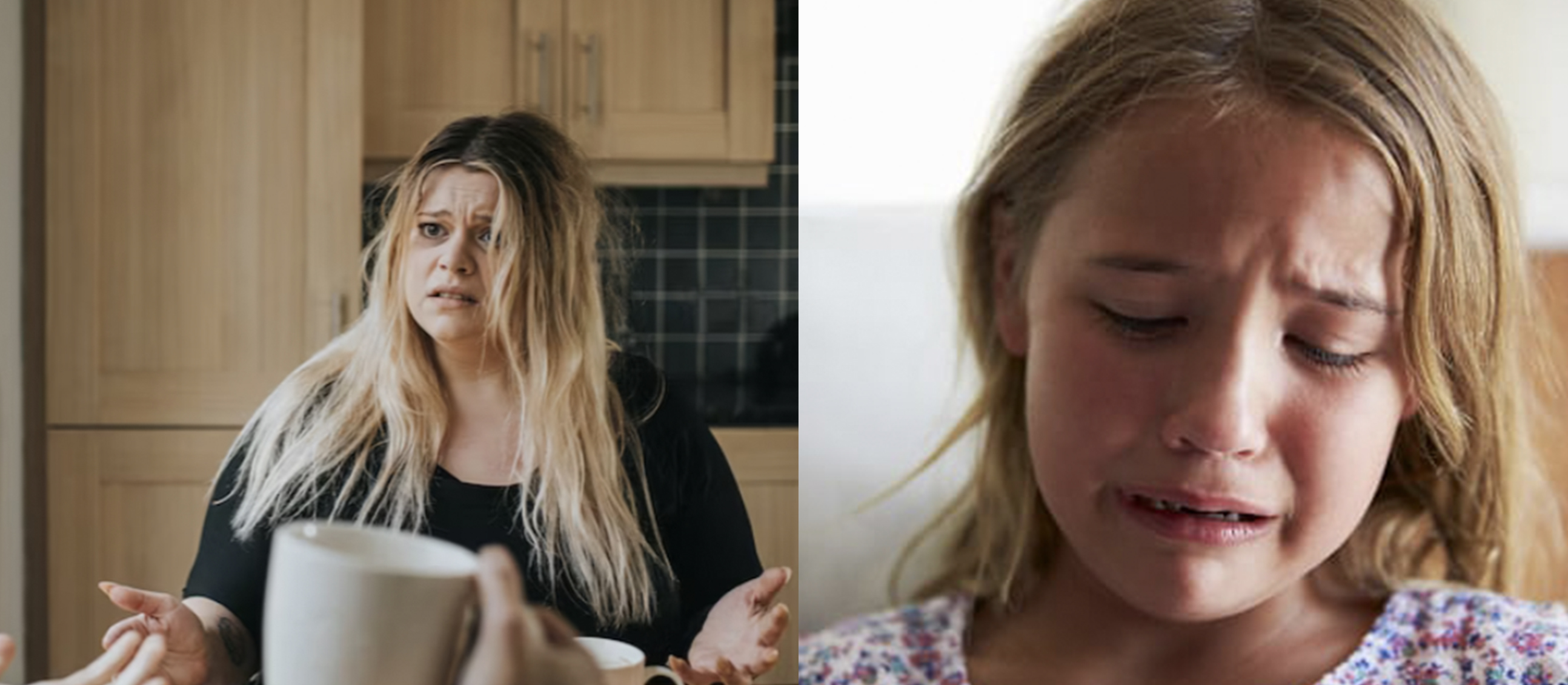 Split image, distraught woman and child