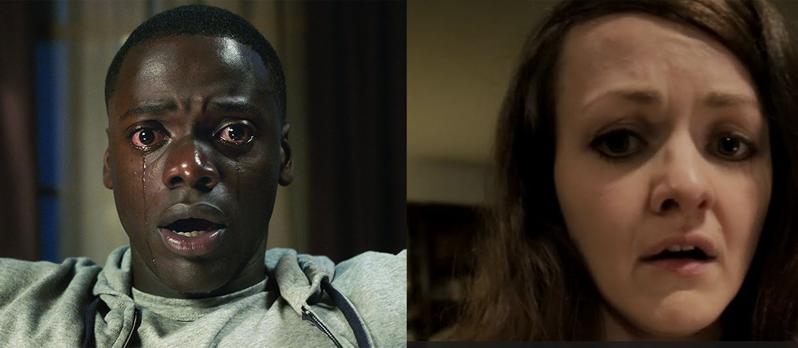 Two scared people split image