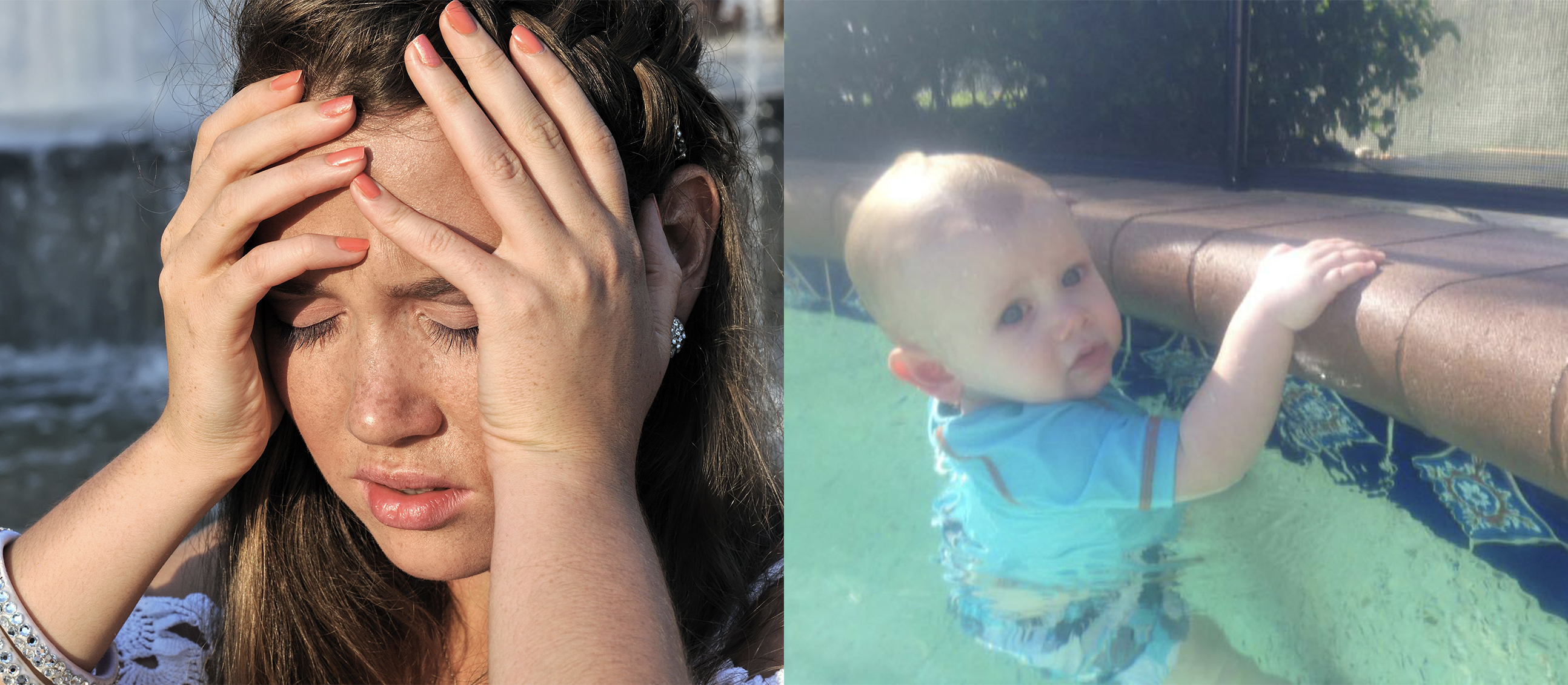 Distressed woman and infant in pool split image
