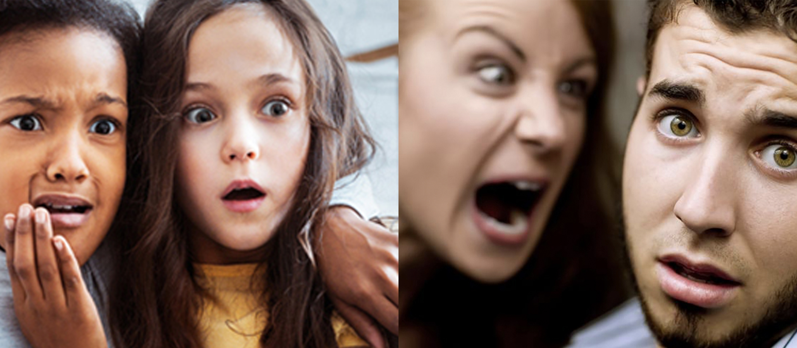 Scared kids and angry woman yelling at man split image