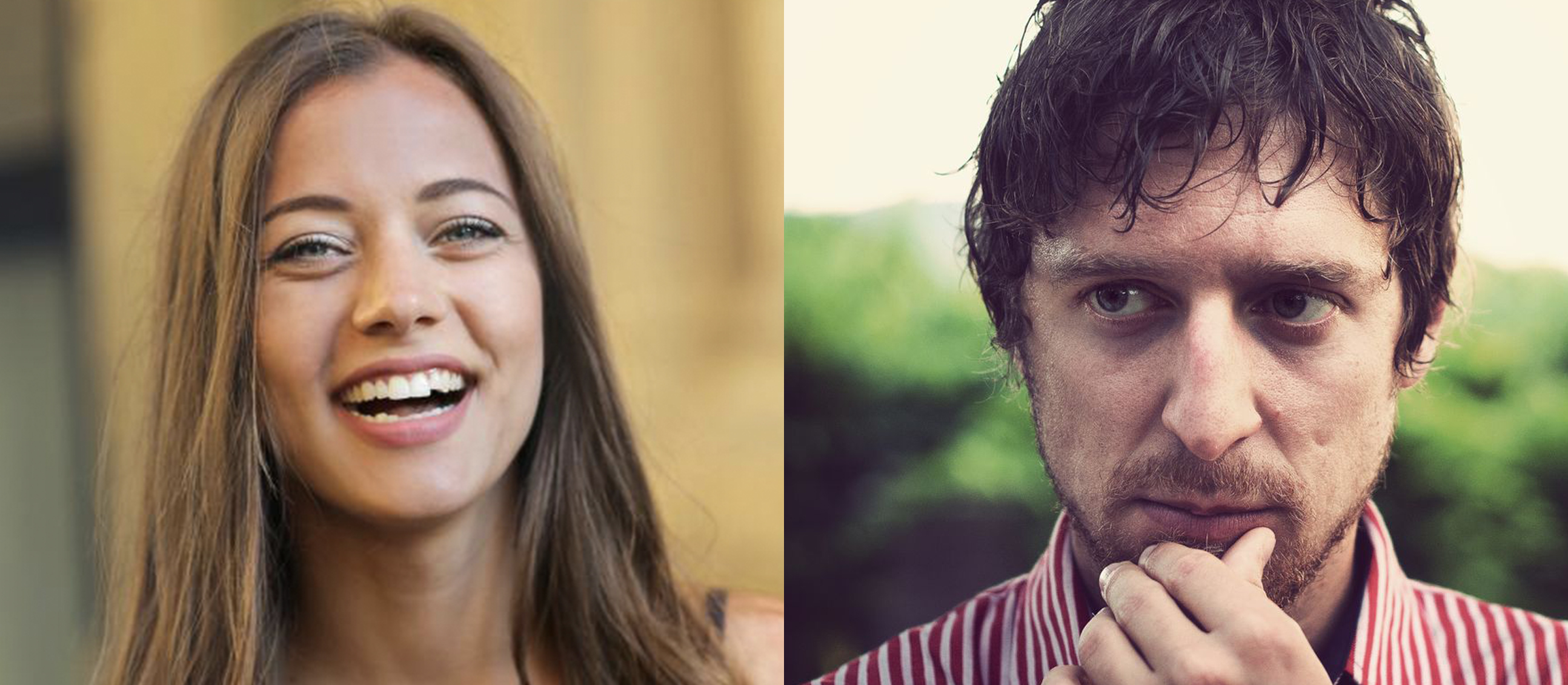 happy woman and man thinking split image