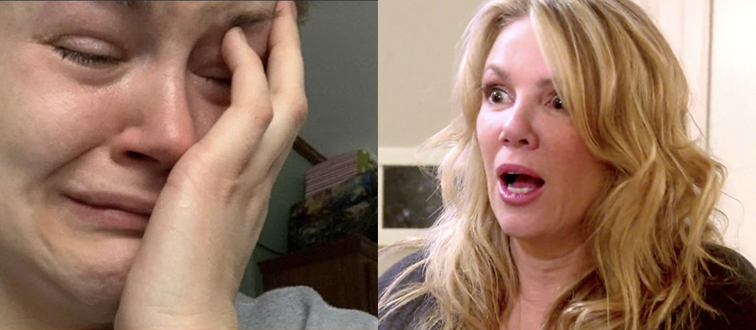 Crying woman and shocked woman split image