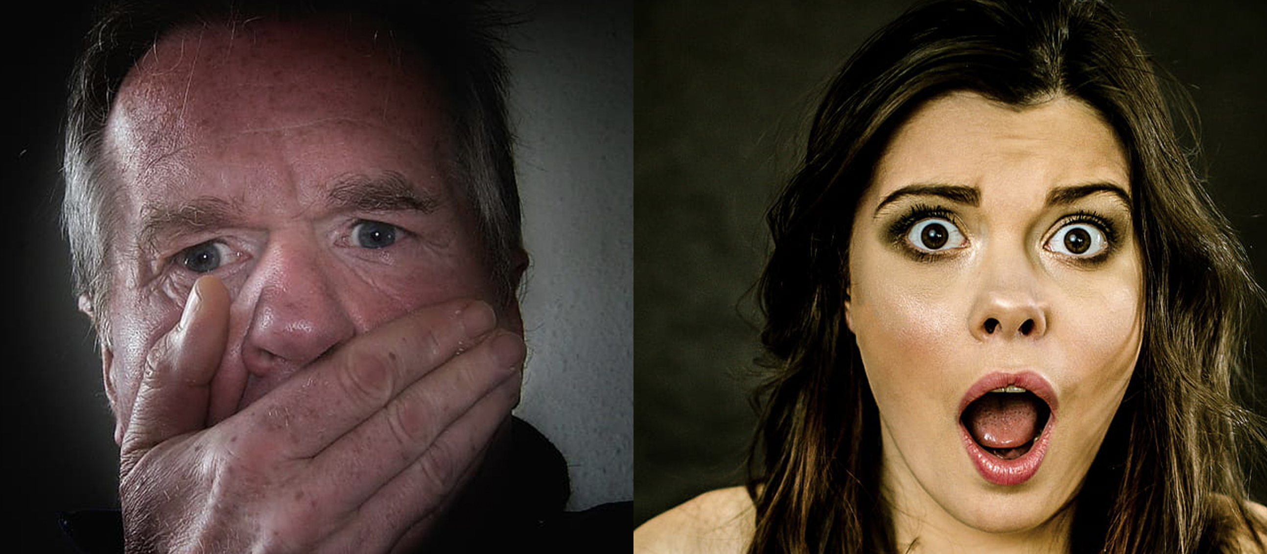 Shocked man and woman split image