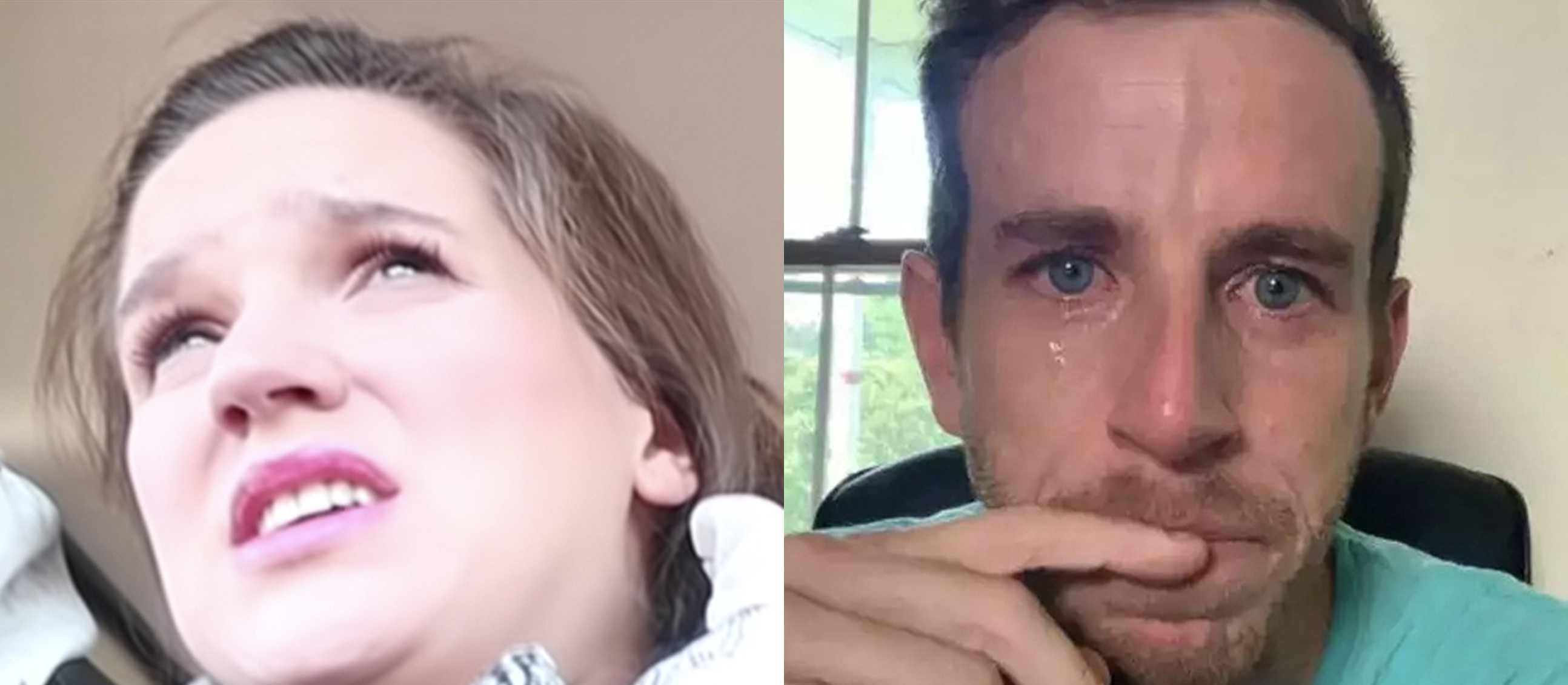 Distressed woman and upset man split image