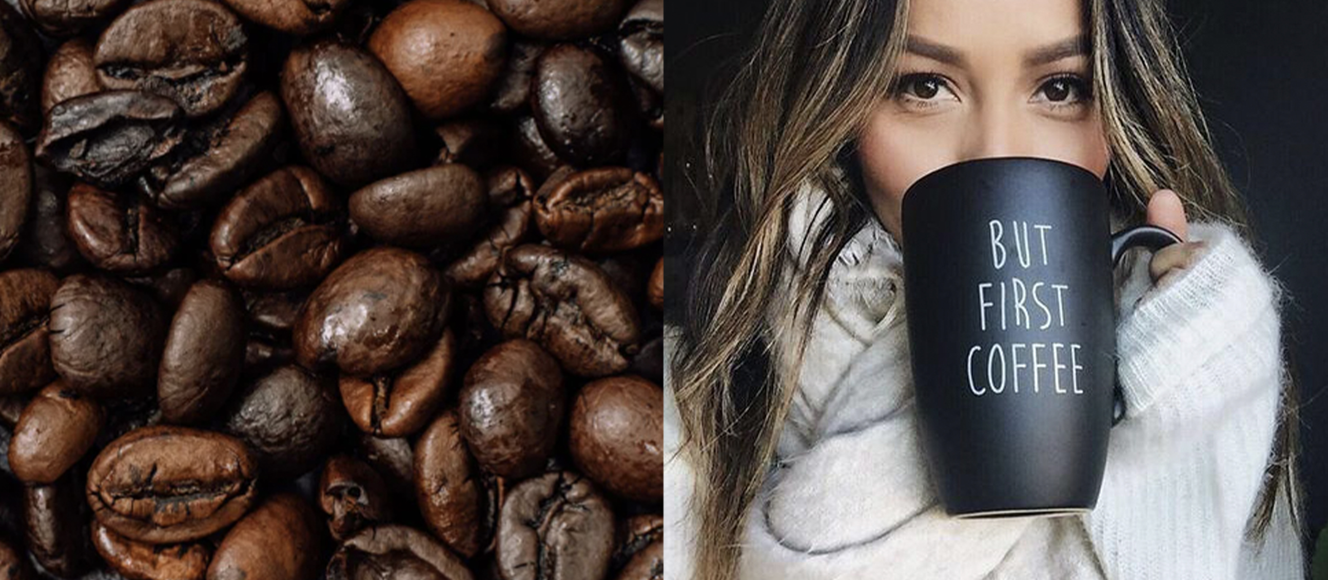 beans and woman with coffee mug split image