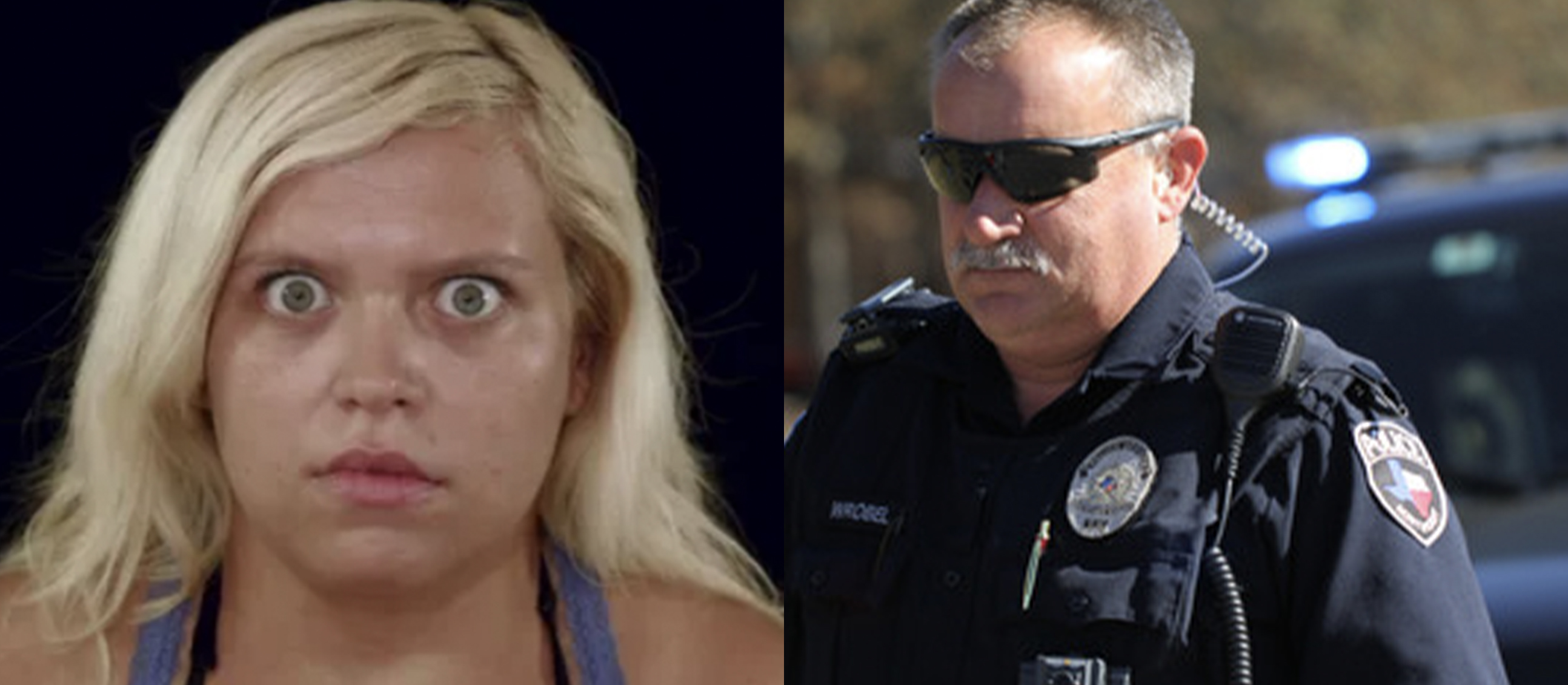 Creeped out woman and cop split image