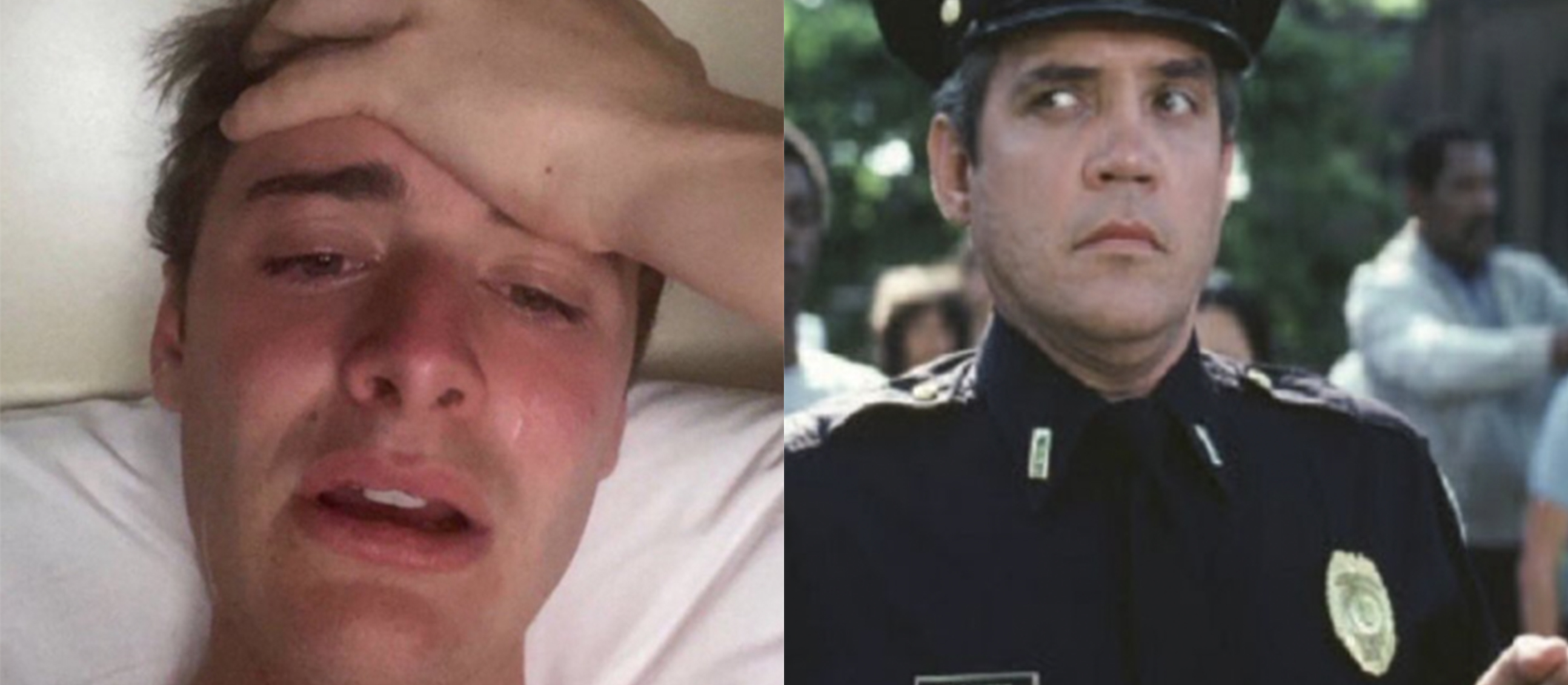 Sad man and uncomfortable cop split image