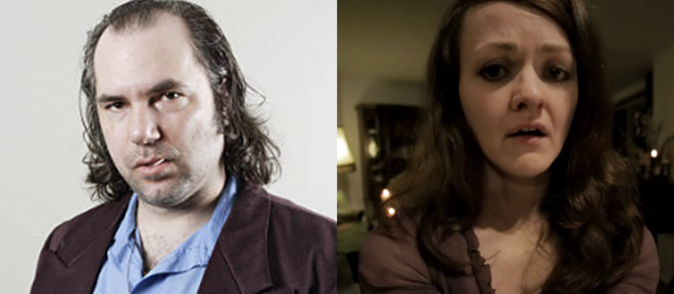 creepy man and scared woman split image