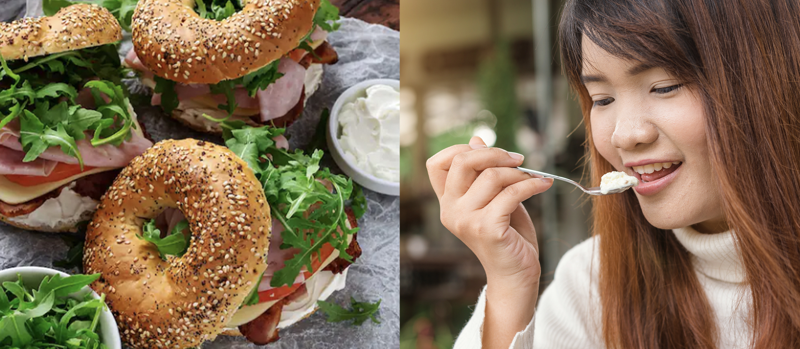 food and woman eating split image