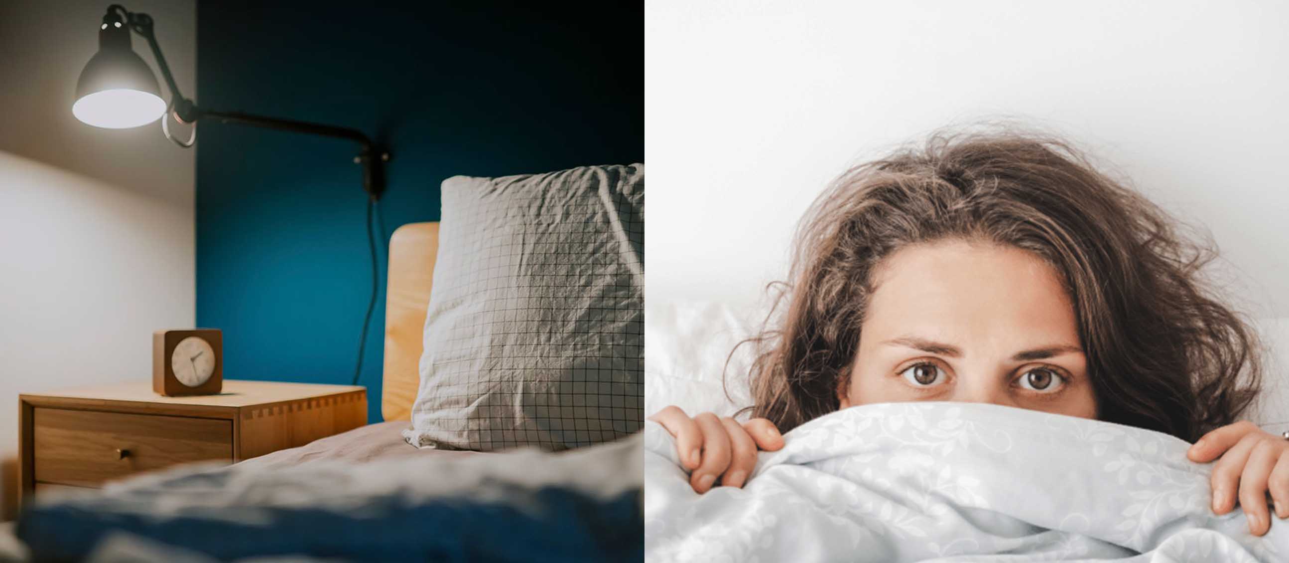 bedroom and woman peeking out of blanket split image