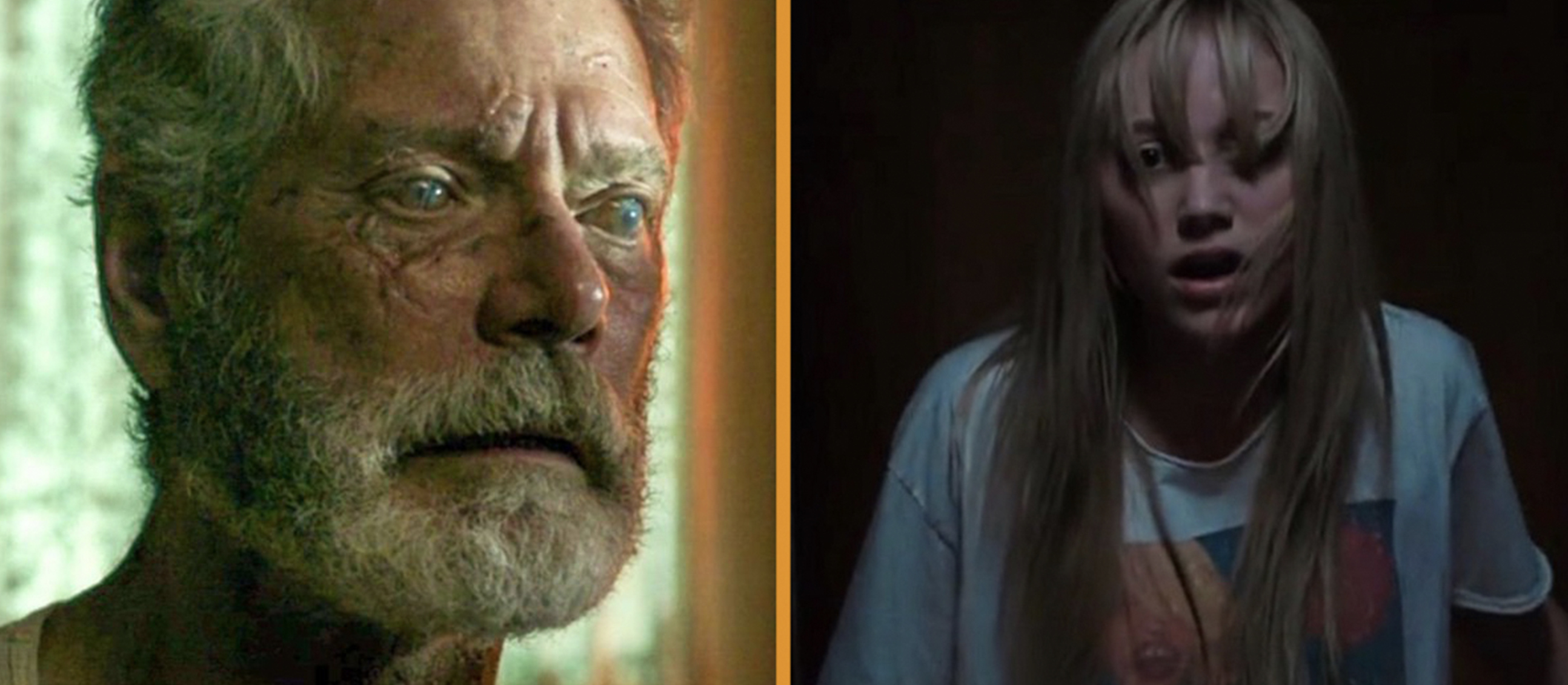 Super creepy guy and terrified woman split image