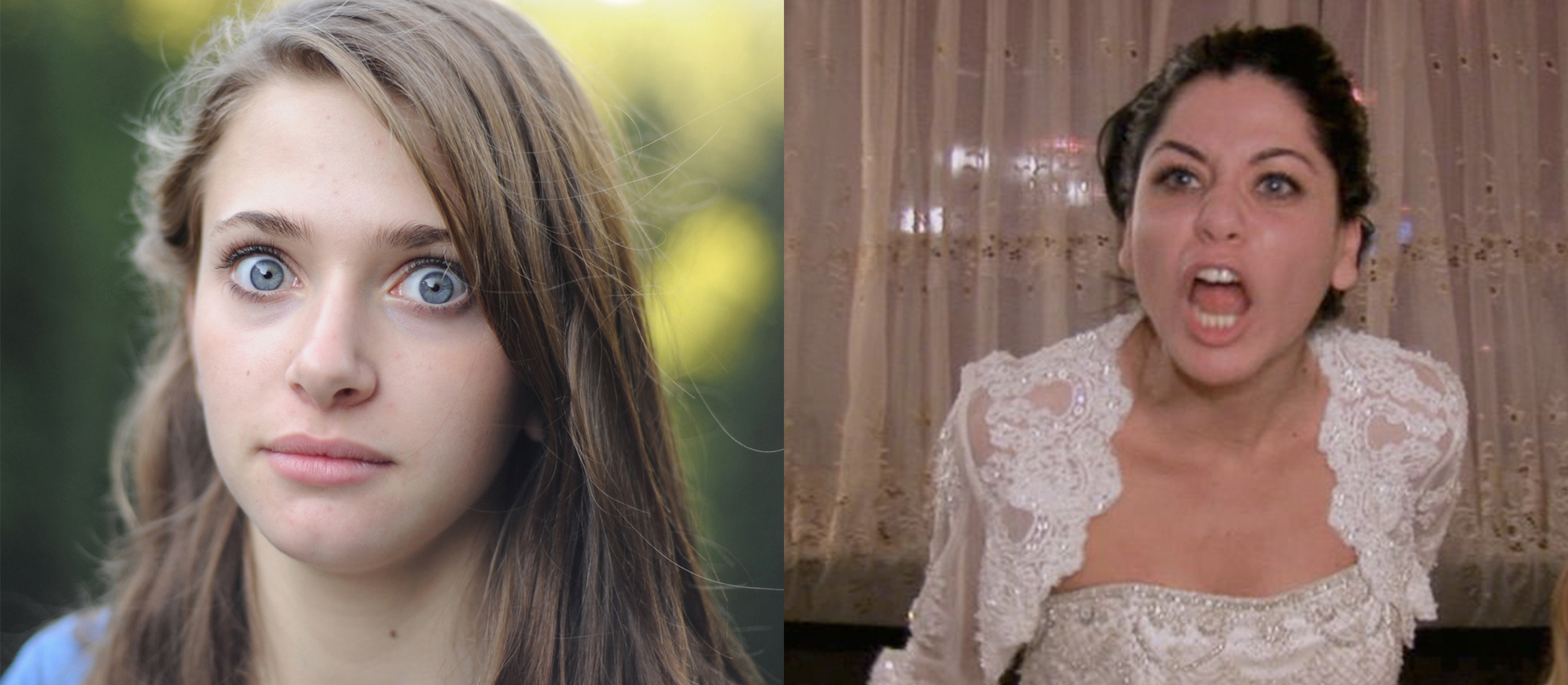 Shocked woman and angry bride split image