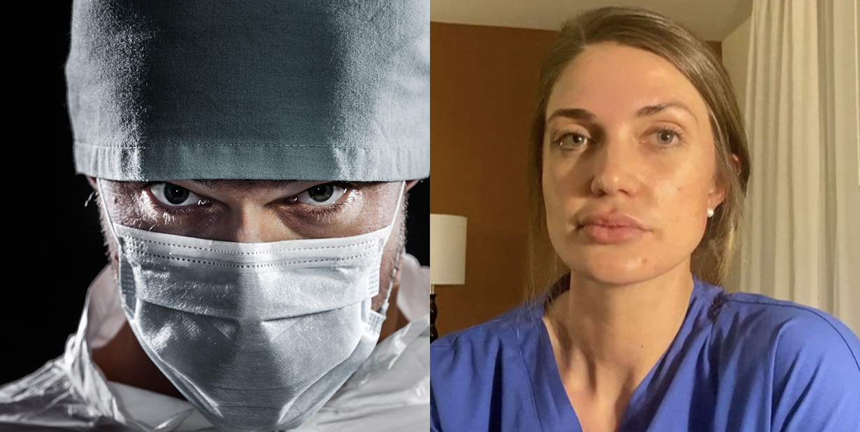 Scary doctor and nurse split image