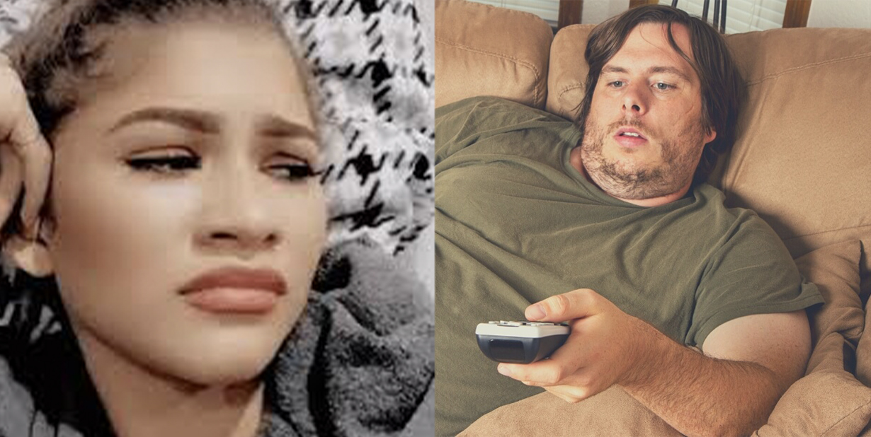 Skeptical woman and lazy man split image