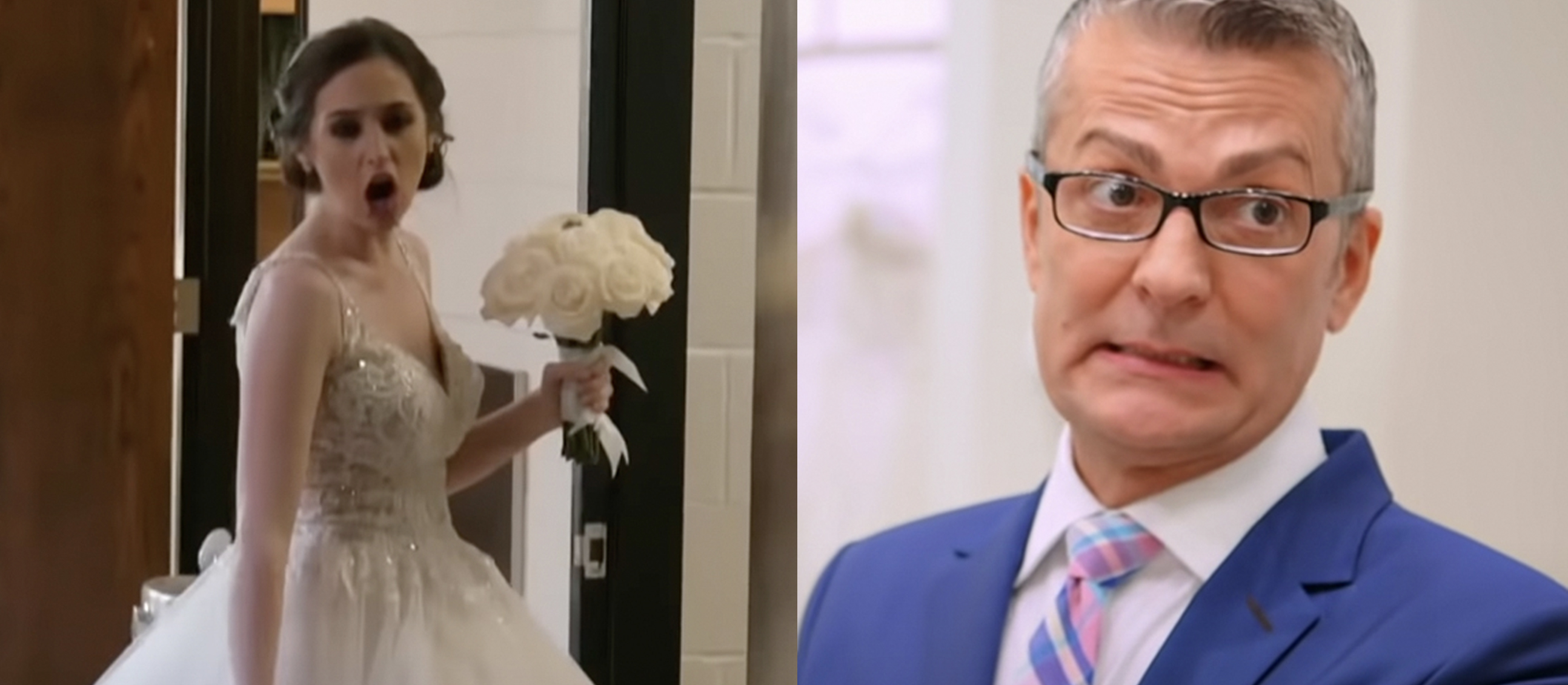 Horrified bride and Randy F. split image