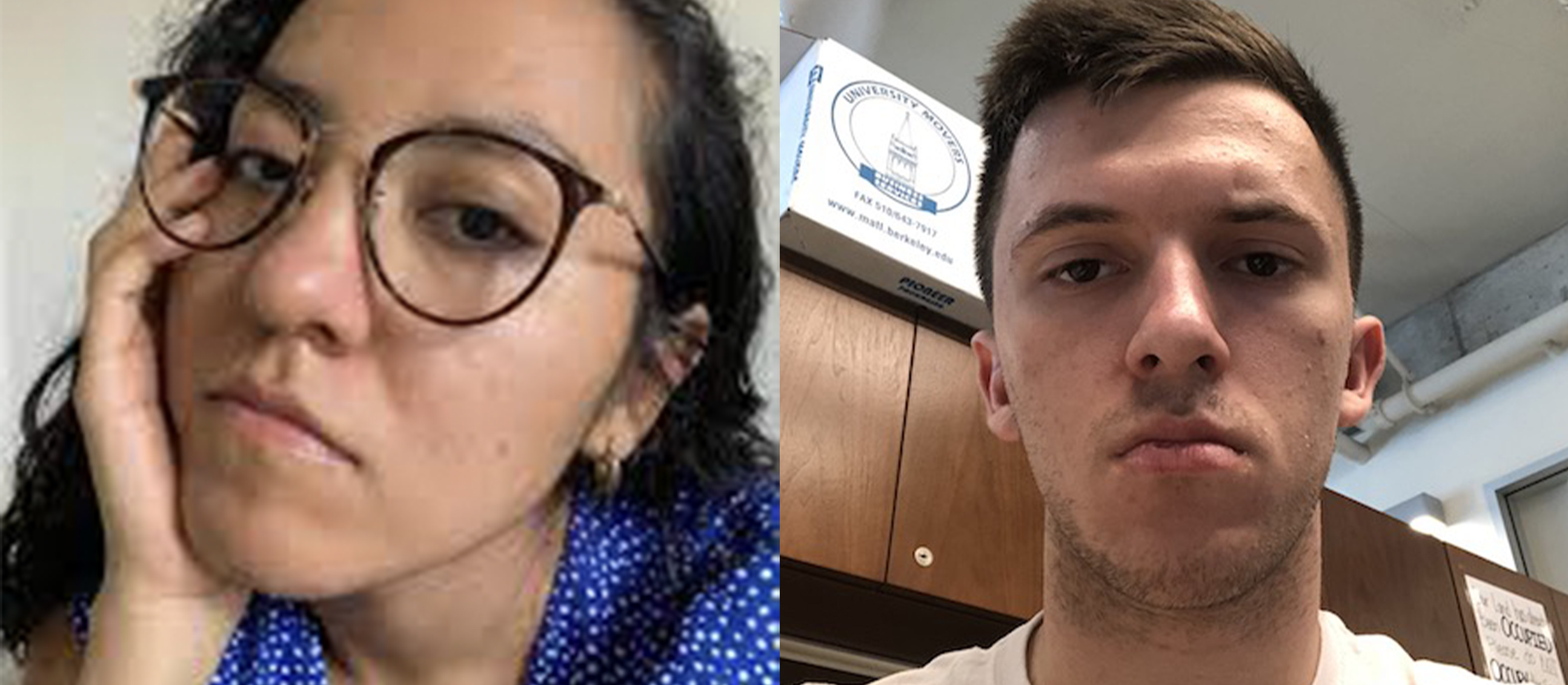 two overwhelmed people at work split image