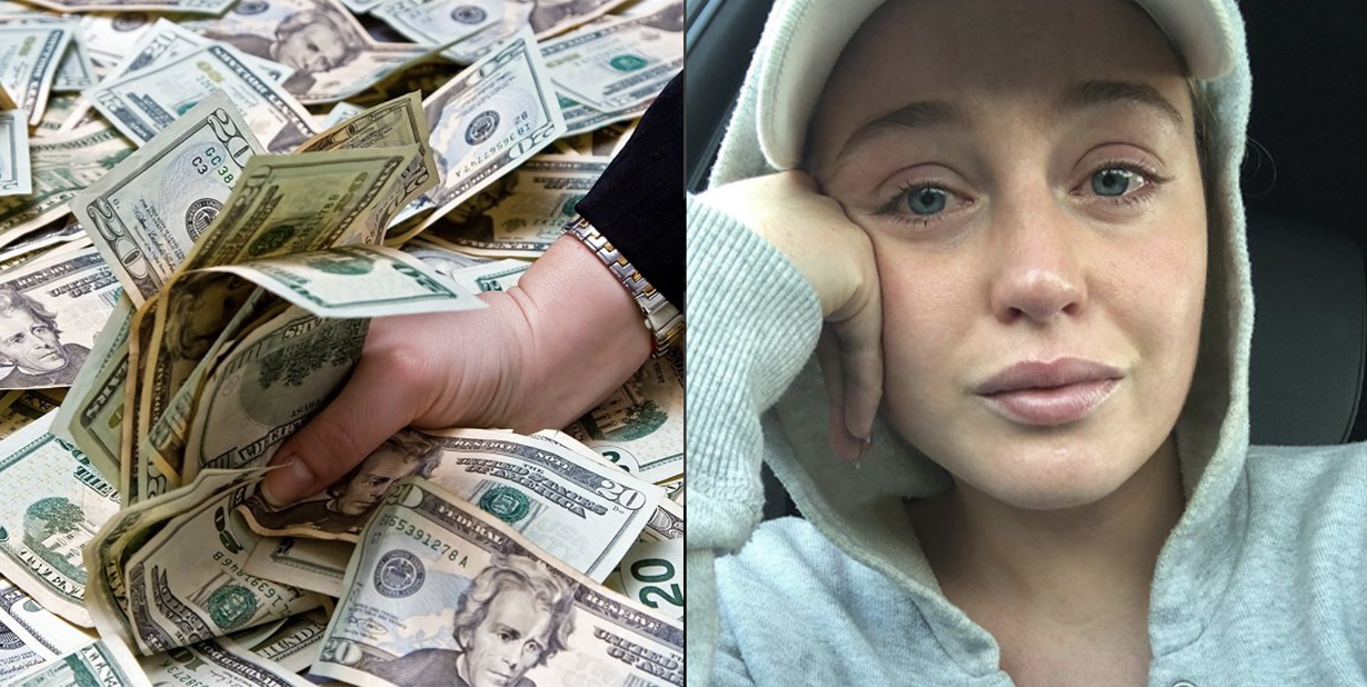 Hand in cash and sad woman split image