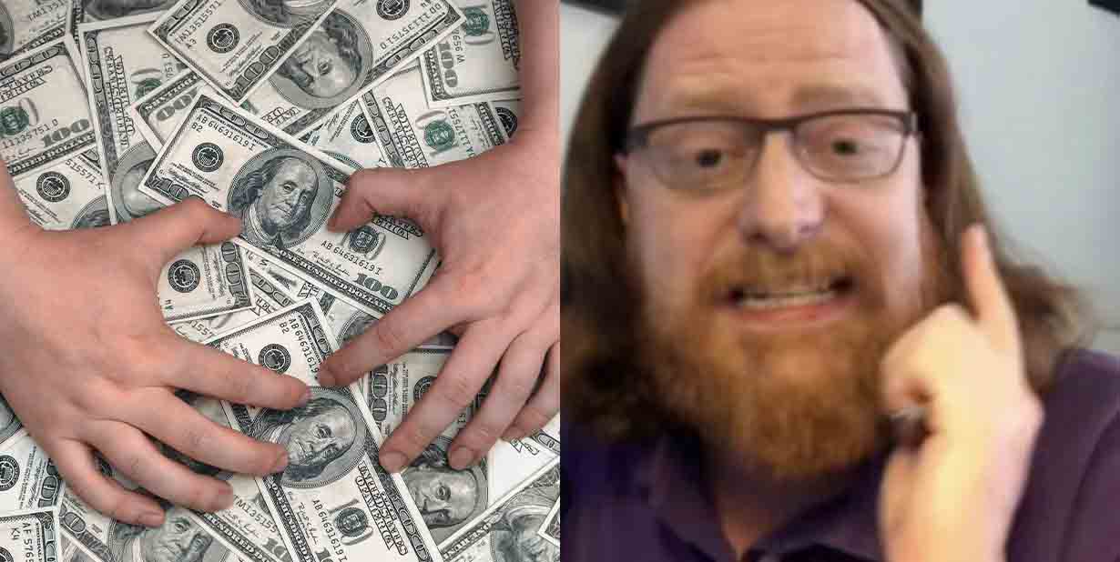 cash and man talking and pointing split image