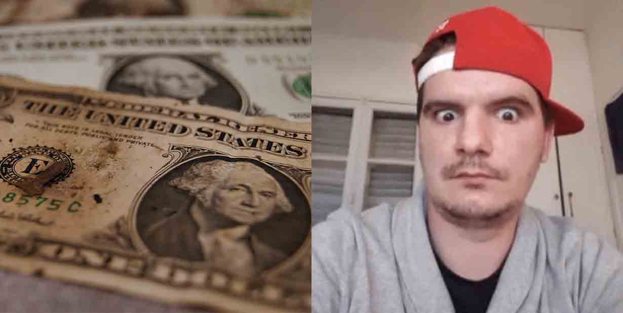 Dirty money and shocked guy split image