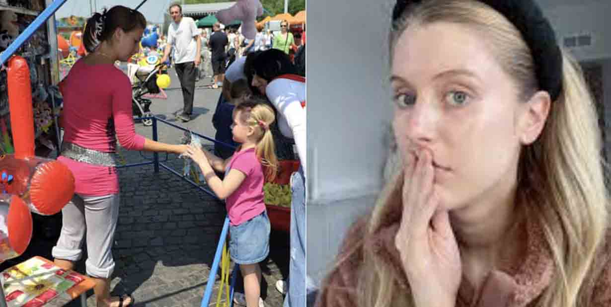 Theme park worker and shocked woman split image