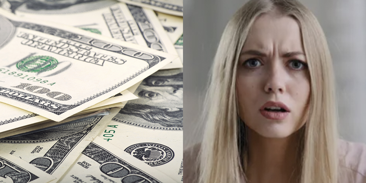 cash and shocked woman split image