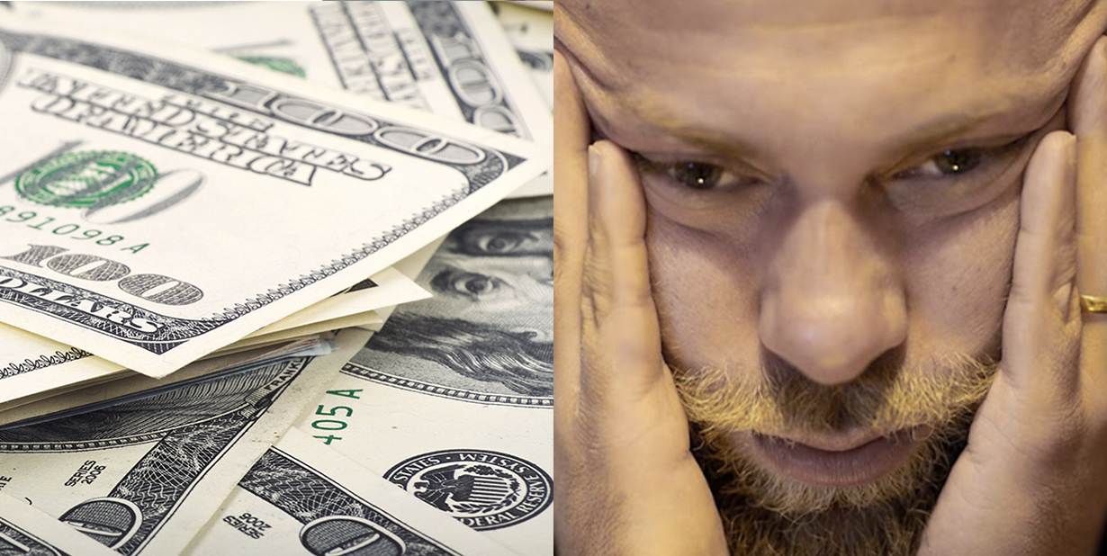 cash and sad guy split image