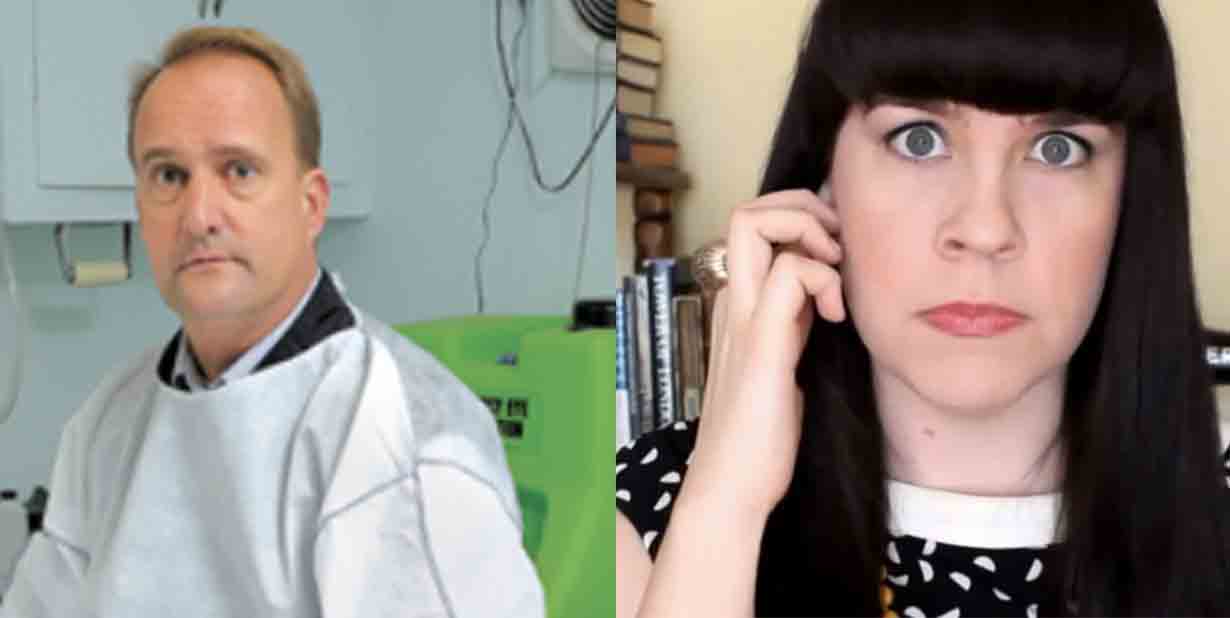 Mortician and creeped out woman split image