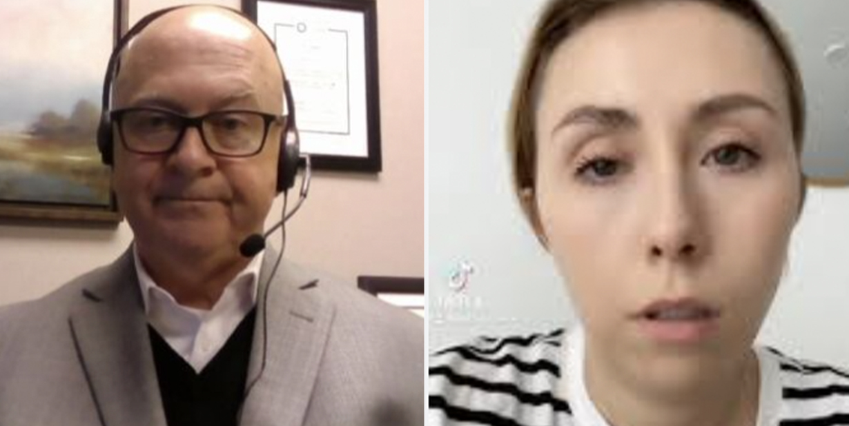 Financial advisor and dumb woman split image