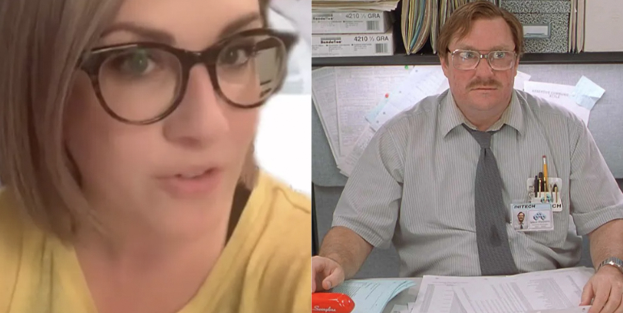 Woman and office man split image