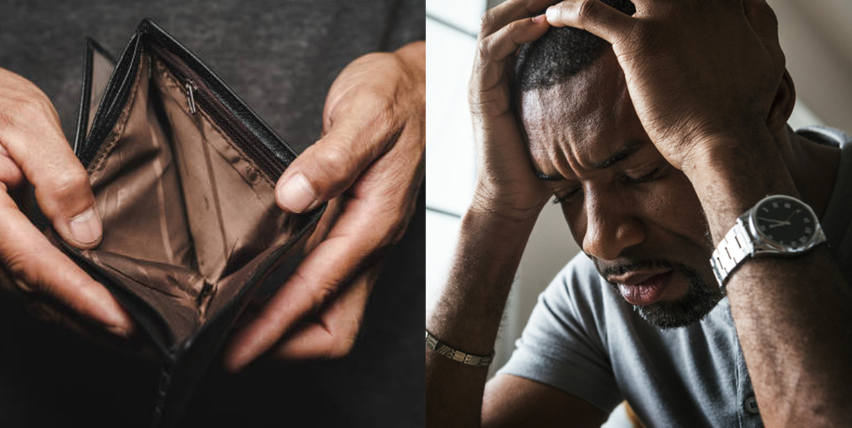 empty wallet and sad man split image