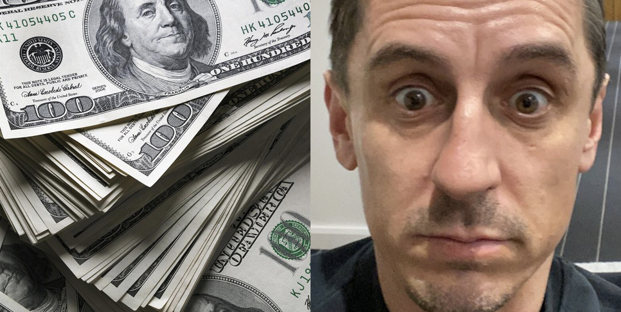 Cash and worried man split image