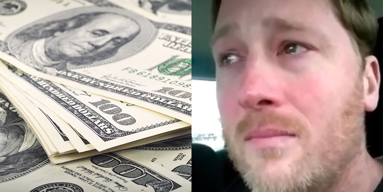 Cash and sad man split image