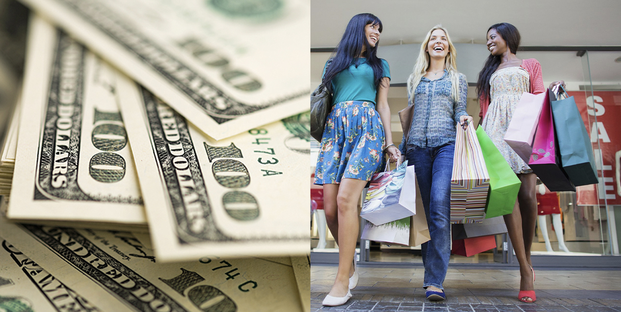 Cash and ladies shopping split image