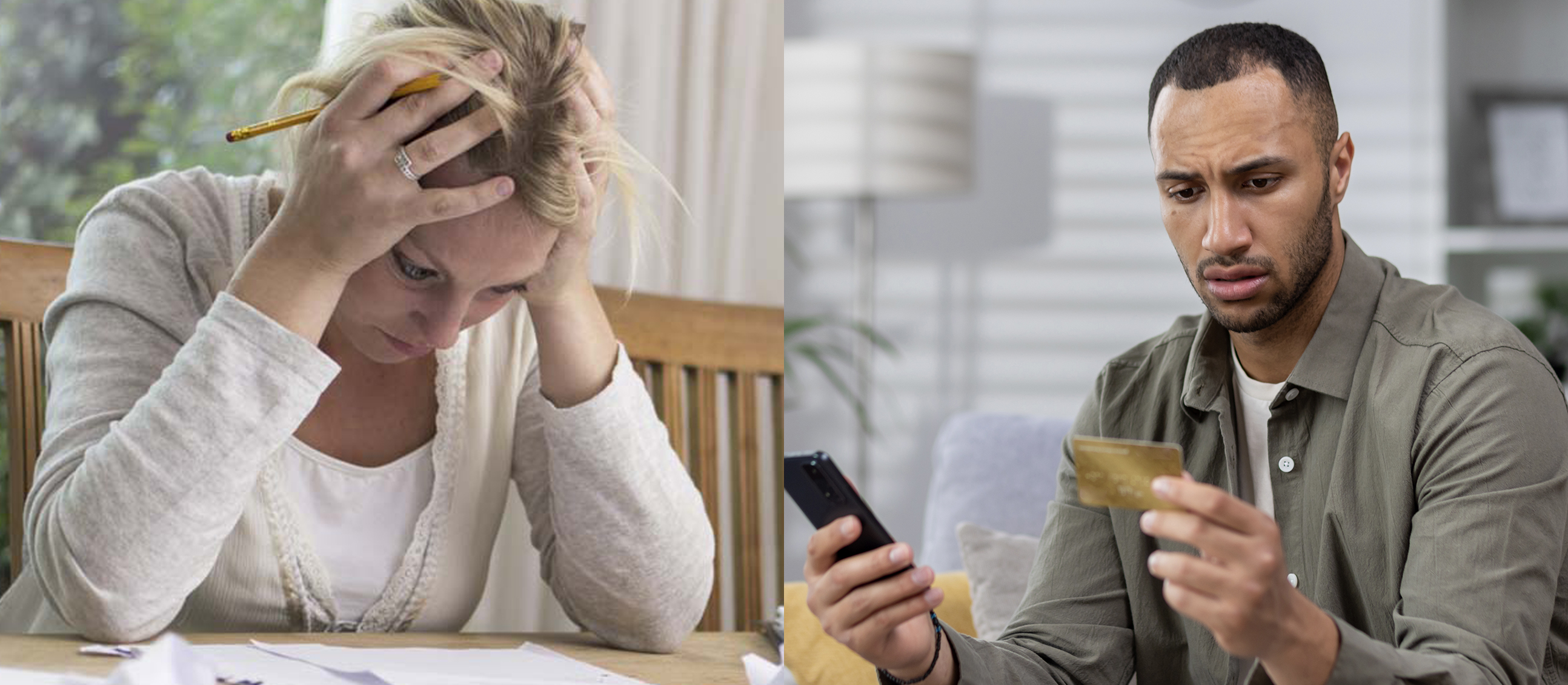 frustrated woman and man using credit card split image